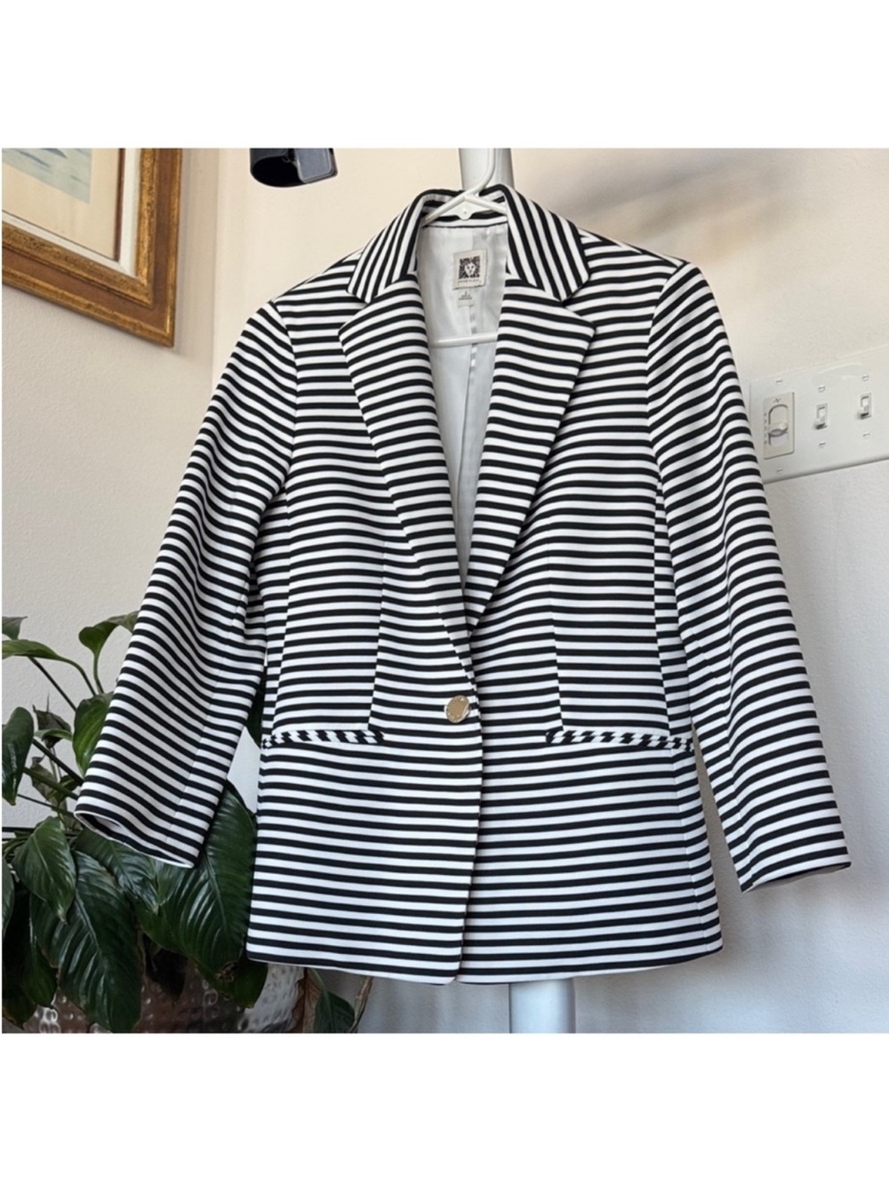 Anne Klein Black White Striped Blazer Jacket Sz S One Button Fitted Stretchy